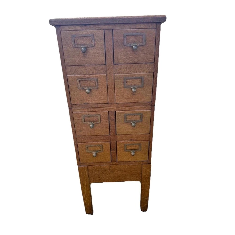 antique Tiger Oak 8 Drawer Library Card Catalog Cabinet Brass Hardware Vintage